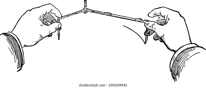 Use of Lengthening Bar is used to draw circles and finely adjust the angle of the leg it draw parallel lines and vertical vintage line drawing or engraving illustration.