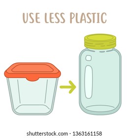 Use less plactic - plastic box vs glass jar. Eco friendly vector flat illustration