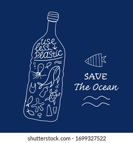 Use Less Plastic Ans Save Ocean, Concept Art. Marine Life In The Bottle. Vector Illustration