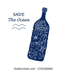 Use Less Plastic ans Save Ocean, Concept Art. Marine Life in the bottle. Vector illustration