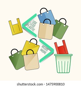 Use less plastic bag, use more reusable container to reduce plastic pollution. Less than, greater than math symbol as a gimmick to represent. Vector illustration outline flat design style.