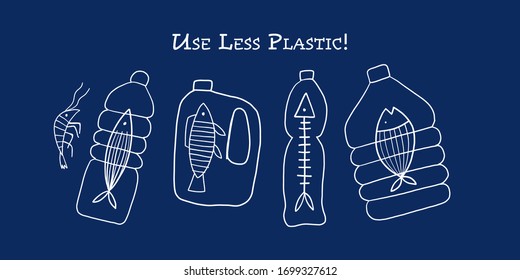 Use Less Plastic, Concept Art. Fishes in the bottles. Vector illustration