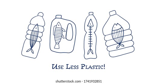 Use Less Plastic, Concept Art. Fishes in the bottles. Vector illustration