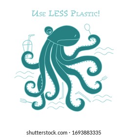 Use less plastic concept. Octopus with plastic trash. Vector illustration