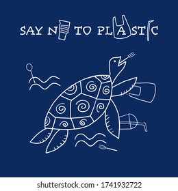 Use less plastic concept. Octopus with plastic trash. Vector illustration
