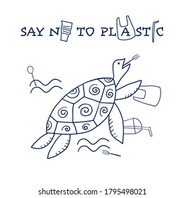 Use less plastic concept. Octopus with plastic trash. Vector illustration