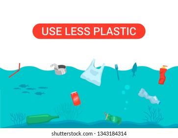 Use less plastic. Plastic garbage in the ocean water. Ecology problem. Vector