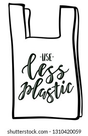 Use less plastic handwritten text title sign. Waste management concept isolated illustration on white background. 