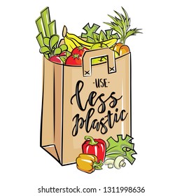 Use less plastic handwritten text title sign. Waste management concept isolated illustration on white background. 