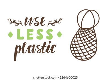 USe less plastic poster with string bag. Sustainable living concept