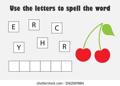 Use the letters to spell the word, cherry in cartoon style, educational spelling scramble game for the development of children, kids preschool activity, printable worksheet, vector illustration