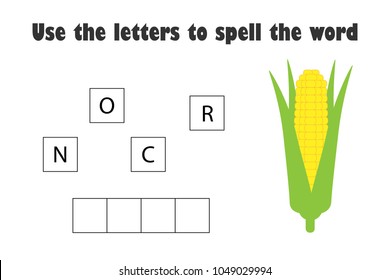 Use the letters to spell the word, corn in cartoon style, educational spelling scramble game for the development of children, kids preschool activity, printable worksheet, vector illustration