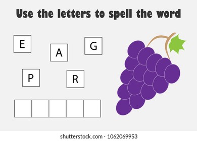 Use the letters to spell the word, grape in cartoon style, educational spelling scramble game for the development of children, kids preschool activity, printable worksheet, vector illustration
