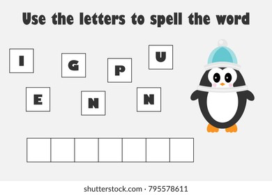 Use the letters to spell the word, penguin in cartoon style, educational spelling scramble game for the development of children, kids preschool activity, printable worksheet, vector illustration