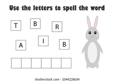 Use the letters to spell the word, rabbit in cartoon style, easter educational spelling scramble game for the development of children, kids preschool activity, printable worksheet, vector illustration