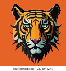 Use a limited color palette to create a striking pop art rendition of a tiger head, focusing on the expressive power of simple shapes and vibrant hues
