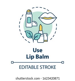 Use lip balm, skin care concept icon. Skin protection and moisturizing, chapped lip prevention idea thin line illustration. Vector isolated outline RGB color drawing. Editable stroke