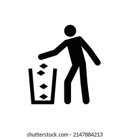 Usar el icono de la papelera. Hombre de ilustración vectorial tirando basura en el símbolo de bin. Arrojando basura. La basura puede desperdiciar. Icono de reciclaje. Mantente limpio en el concepto de lugar público.