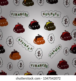 Use for logos, print products. Seamless business pattern. Vector illustration. Seamless pattern with bitcoin and dollars on black, white and brown background.