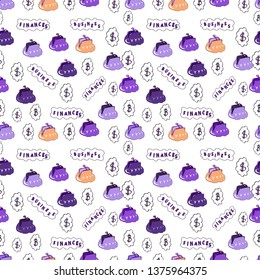 Use for logos, print products. Seamless with dollars and bitcoin on violet, white and black background. Vector illustration. Seamless pattern finance pattern.