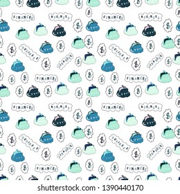 Use for logos, print products. Seamless pattern finance pattern. Vector illustration. Seamless with dollars and bitcoin on white, neutral and blue background.