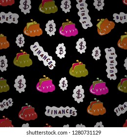 Use for logos, print products. Vector illustration. Seamless with dollars and bitcoin on white, black and orange background. Seamless pattern finance pattern.