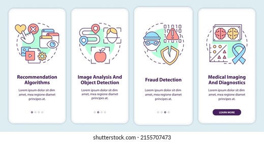 Use of machine learning onboarding mobile app screen. Walkthrough 4 steps graphic instructions pages with linear concepts. UI, UX, GUI template. Myriad Pro-Bold, Regular fonts used