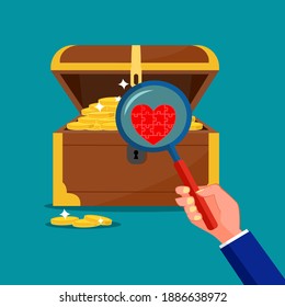 Use the magnifying glass to look at the hearts in the treasure chest. The concept of the heart is a treasure
