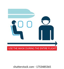 Use the mask during the flight. Safety of passengers on Board the aircraft. Prevention of viral infection. Sticker. Icon. Vector flat illustration