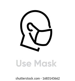 Use Mask Protection Measures Icon. Editable Line Vector. Human Head In A Medical Antimicrobial Agent. Single Pictogram.