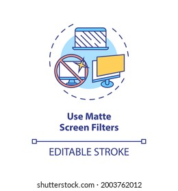 Usar el icono de concepto de filtros de pantalla mate. Consejos de prevención de la lluvia ocular digital. Ilustración de línea delgada de la idea de protección de dispositivos oculares. Dibujo de color RGB con contorno aislado del vector. Trazo editable