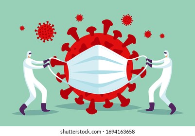 Use a medical mask to protect against coronavirus. Concept illustration, two doctors are fighting the spread of the virus during the epidemic. Vector illustration