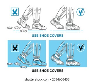 Use Medical Shoe Covers, Protective Disposable Surgical Overshoe Worn On Street Footwear Boots. Sterile Medic Foot Uniform. Antibacterial Plastic Footgear Bags. Protection Clean Floor From Dirt Vector