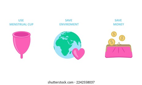 Usar una taza menstrual igual: ahorra medio ambiente, ahorra dinero. Artículos de higiene personal femenina. El concepto de basura cero. Ilustración de vector circular en estilo cartográfico plano