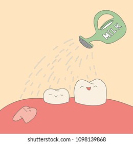 the use of milk for dental health. Vector illustration for children dentistry and orthodontics. Cute teeth characters.