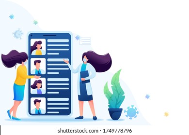 Use the mobile app to search for a doctor. Keeps a social distance and wears masks. Flat 2D. Vector illustration for web design