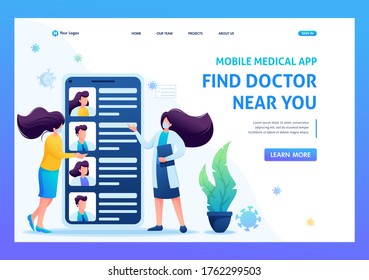 Use the mobile app to search for a doctor. Keeps a social distance and wears masks. Flat 2D. Vector illustration for a landing page.