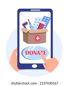Use Mobile App,Donate Medicaments First Aid help Online.Charity,support and donation.Humanitarian charitable help.Philanthropy,charitable foundation.Vector Illustration Smartphone Screen Application