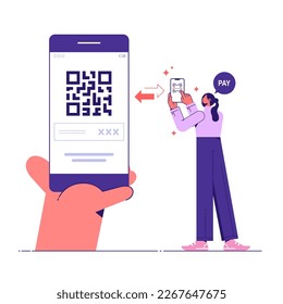 Usar el sistema de pago móvil sin efectivo o escanear código qr, mujer con smartphone para usar la aplicación de pago con código qr, móvil inalámbrico sin efectivo o sistema de pago sin contacto concepto plano