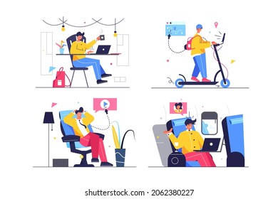 Utilizar tecnologías modernas para la ilustración vectorial del entretenimiento. Mira video, habla en videollamada, muestra el estilo plano en línea. Concepto de vida digital