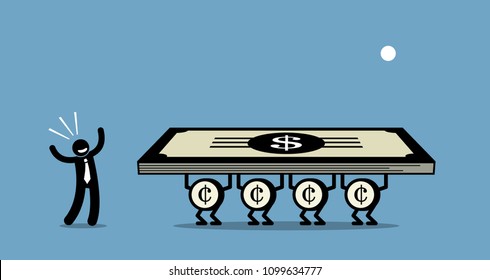 Use money to make more money. Vector artwork depicts a businessman uses his money to work for him. Concept illustration represent smart business investor investing his investment wisely.