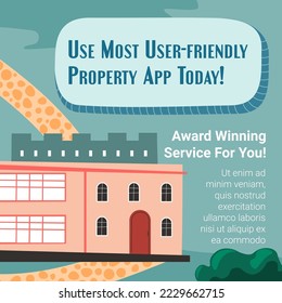 Use most user friendly property app today, application for finding apartments and houses. Purchasing and buying dwellings for living. Mortgage and renting, winning service. Vector in flat style