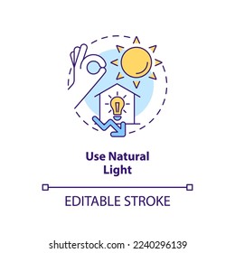 Use natural light concept icon. Switch off lighting. Energy efficiency at work abstract idea thin line illustration. Isolated outline drawing. Editable stroke. Arial, Myriad Pro-Bold fonts used