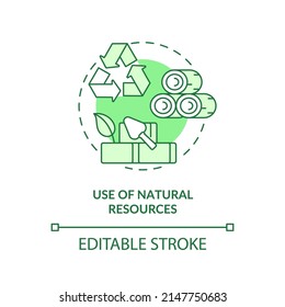 Use of natural resources green concept icon. Eco-friendly architecture principle abstract idea thin line illustration. Isolated outline drawing. Editable stroke. Arial, Myriad Pro-Bold fonts used