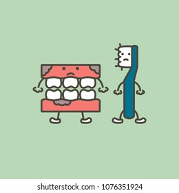 use an old toothbrush to clean the denture or false teeth are not clean and unhealthy, dental care and hygiene concept - tooth cartoon vector flat style cute character for design
