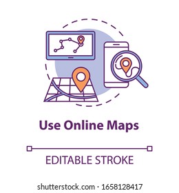 Use online maps concept icon. GPS application. Find location online. Plan route to destination. Roaming idea thin line illustration. Vector isolated outline RGB color drawing. Editable stroke