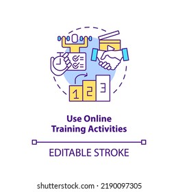 Use online training activities concept icon. Practice. Remote learning via video abstract idea thin line illustration. Isolated outline drawing. Editable stroke. Arial, Myriad Pro-Bold fonts used