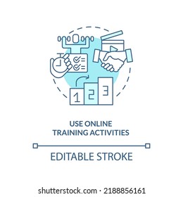 Use online training activities turquoise concept icon. Remote learning via video abstract idea thin line illustration. Isolated outline drawing. Editable stroke. Arial, Myriad Pro-Bold fonts used