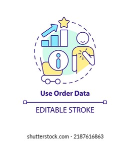 Use Order Data Concept Icon. Analyze Information. Customer Engagement Strategy Abstract Idea Thin Line Illustration. Isolated Outline Drawing. Editable Stroke. Arial, Myriad Pro-Bold Fonts Used