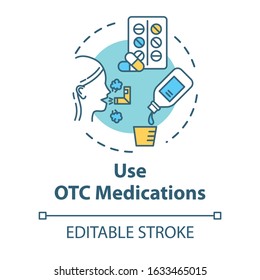 Use OTC medication concept icon. Cough syrup. Flu medication. Influenza treatment. Healthcare idea thin line illustration. Vector isolated outline RGB color drawing. Editable stroke